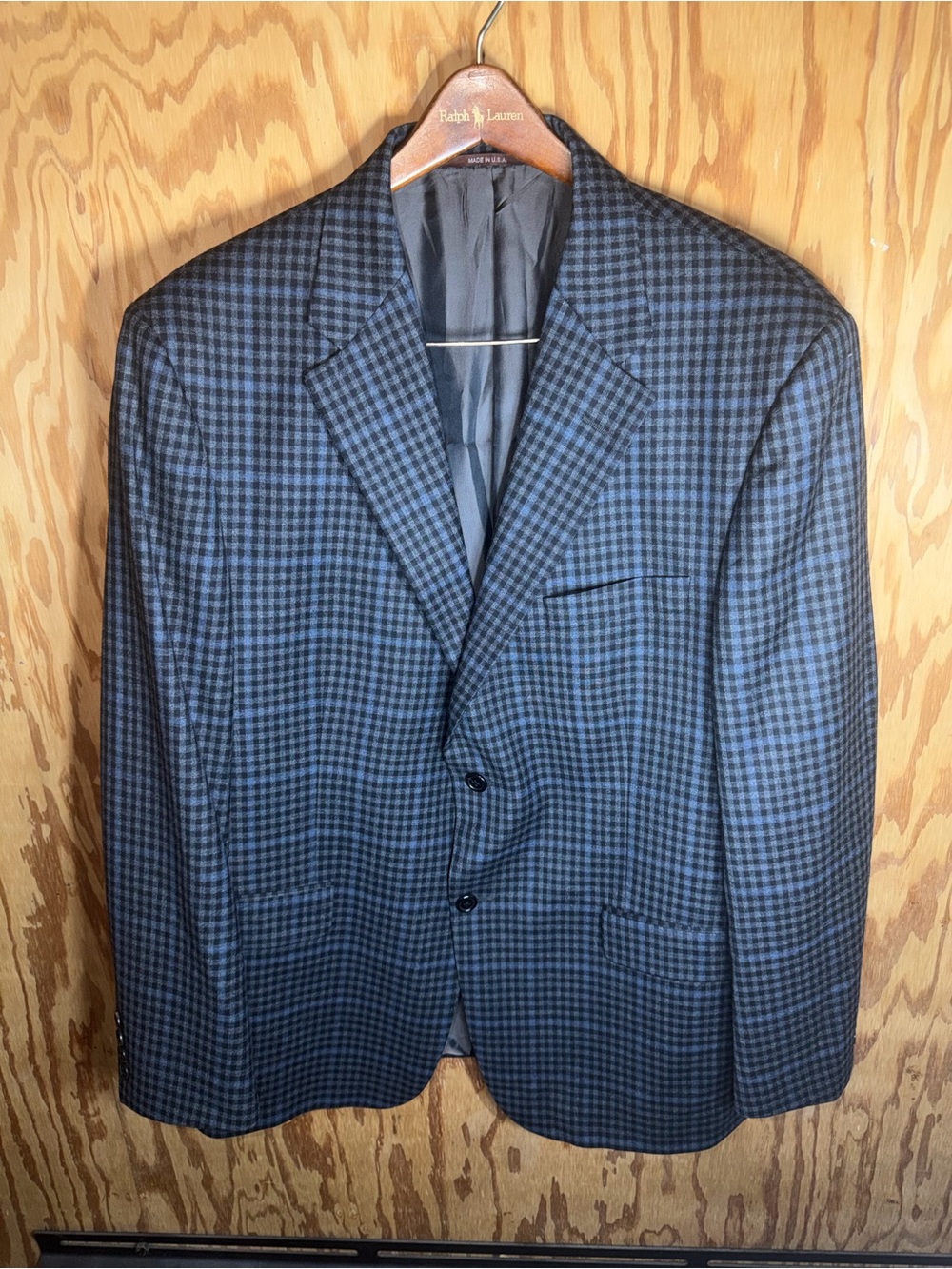 Hickey Freeman Lindsey Worsted Wool Gray Blue Plaid Blazer Mens 44R Sport Coat